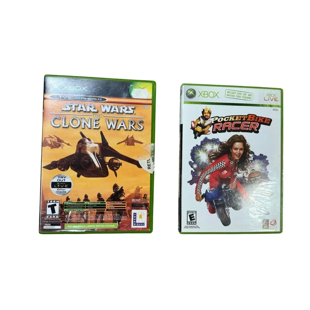 Star Wars The Clone Wars and Tetris Worlds / Rocket Bike Racer Xbox LOT 2 TESTED